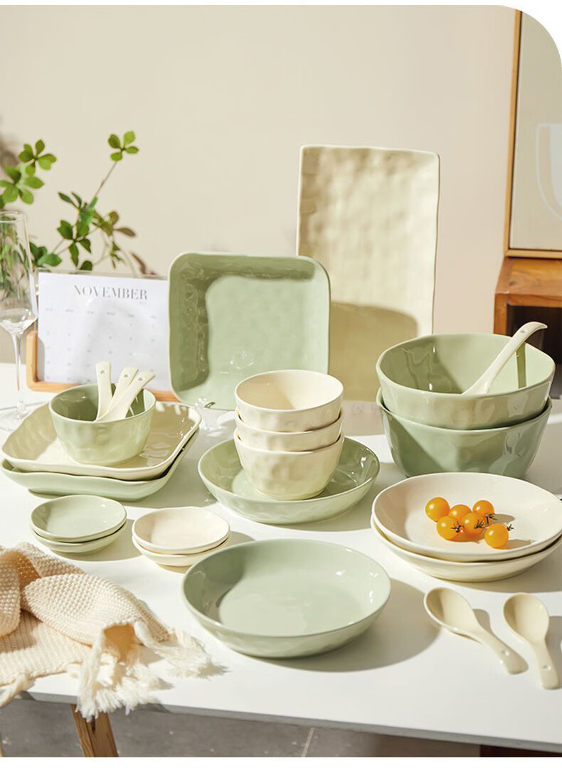 LOOKING HOME 24-Piece Cream-Colored Bowl And Plate Set for Home Use, Underglaze Color Ceramic Tableware Set with Soup Bowls Combination for Gifting 2