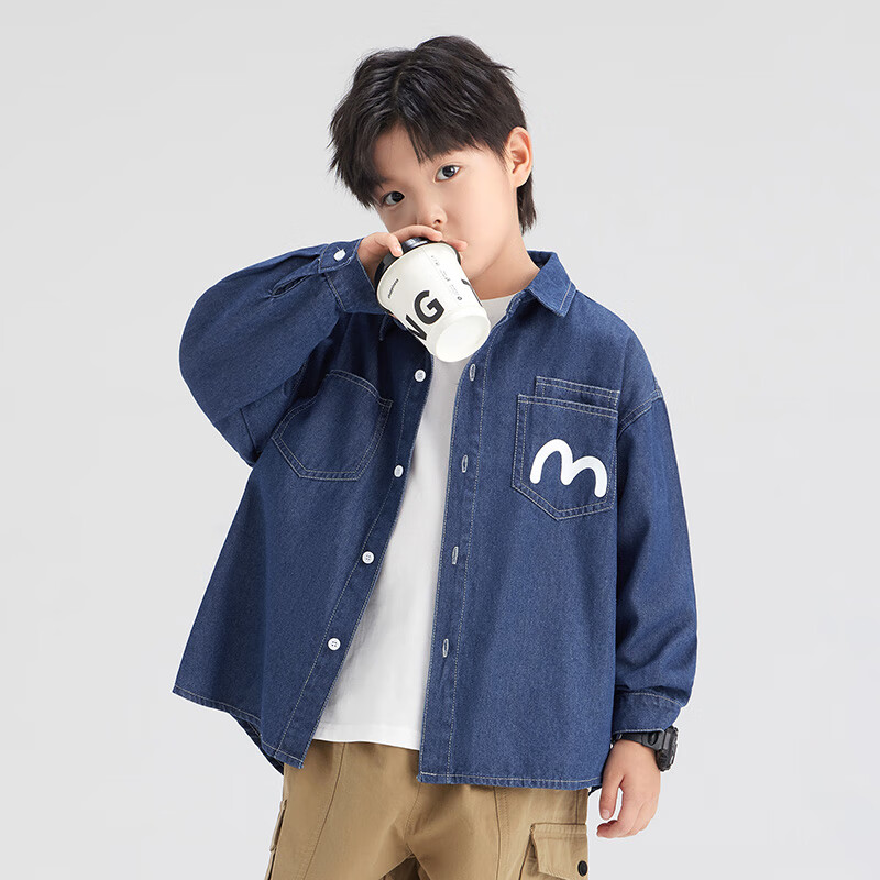 Zuo Xi Boys Denim Shirt Children's Jacket Long Sleeve 2025 New Spring Autumn Boys Shirt Dark Denim 160