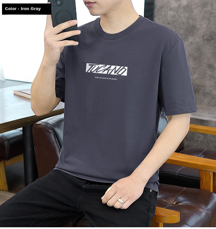 TUCANO Short-Sleeve T-Shirt for Men, Summer Pure Cotton Casual Versatile Round Neck Fashionable Printed T-Shirt Top Men's Undershirt 8