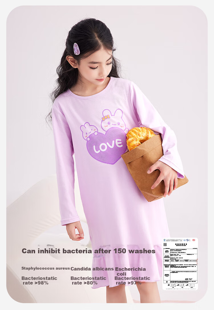DEESHA [60S High-Count High-Density Cotton] Girls' Antibacterial Lightweight Nightgown, Summer Cotton Long-Sleeve Home Dress 7