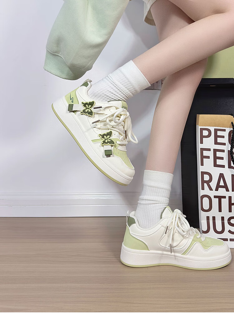 RENBEN Matcha Green Butterfly White Sneakers for Women, New Fashion Versatile Casual Shoes, Thick-Soled Korean Style Platform Shoes, White And Green, Size 38 2