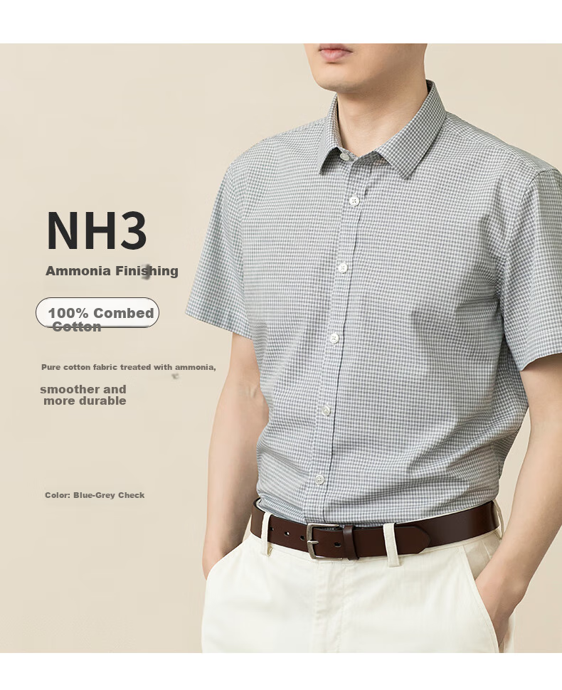 BLACKMONDAY Pure Cotton Plaid Shirt for Men, Short-Sleeved Thin Style, All-Cotton Liquid Ammonia Wrinkle-Resistant No-Iron Formal Business Casual Shirt 1