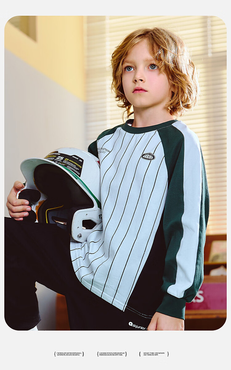 ASK JUNIOR [Pure Cotton] Children's Sports Drop-Shoulder Long-Sleeve T-Shirt, Autumn Inner Layer Pullover, Boys' Youth Wear 7