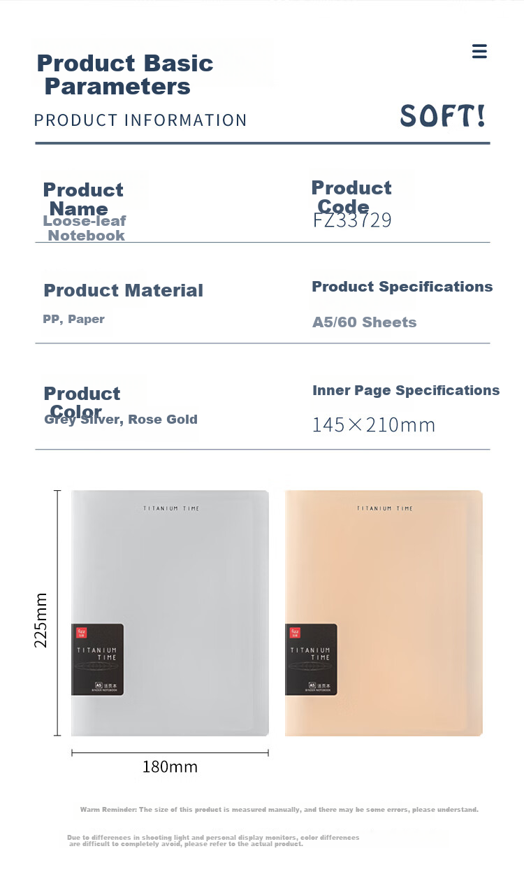 Fizz Stationery B5/60 Sheets/detachable Spiral-Bound PP Cover Four-Color Sticky Notes Notebook Journal Diary Study Notebook Gray-Silver FZ33730 7