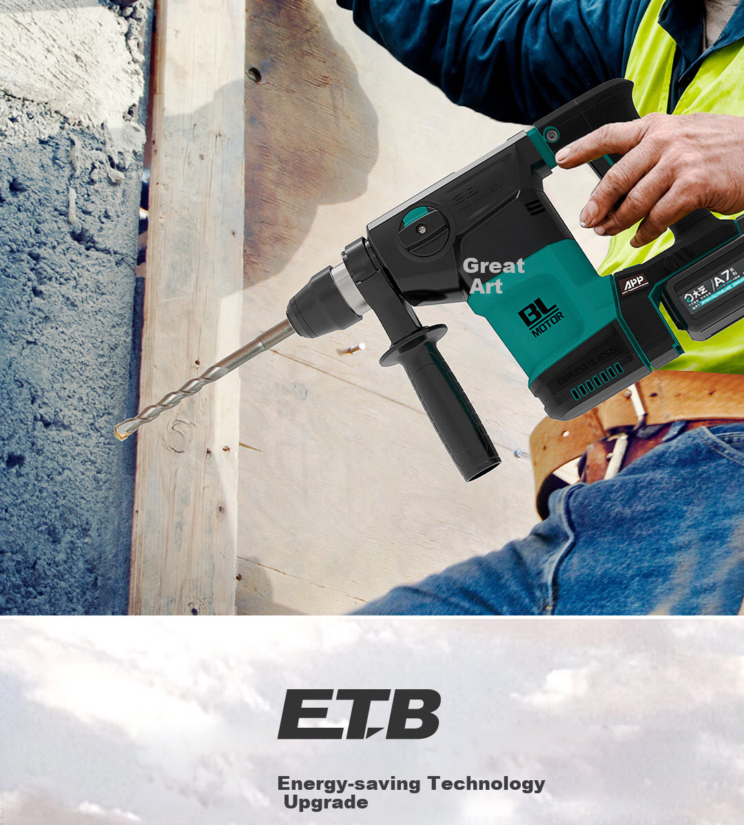 Dayi Electric Hammer, 20V Lithium Battery Brushless Electric Hammer, Impact Drill, High-Power Hammer And Pick Dual-Use, for Concrete, A7-28S Bare Tool 12