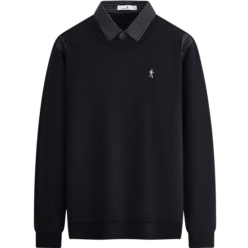 DANCING WOLVES False Two-Piece Striped Patchwork Shirt Collar Pullover Sweatshirt for Men Comfortable Commuter Pullover 001 Black 2XL