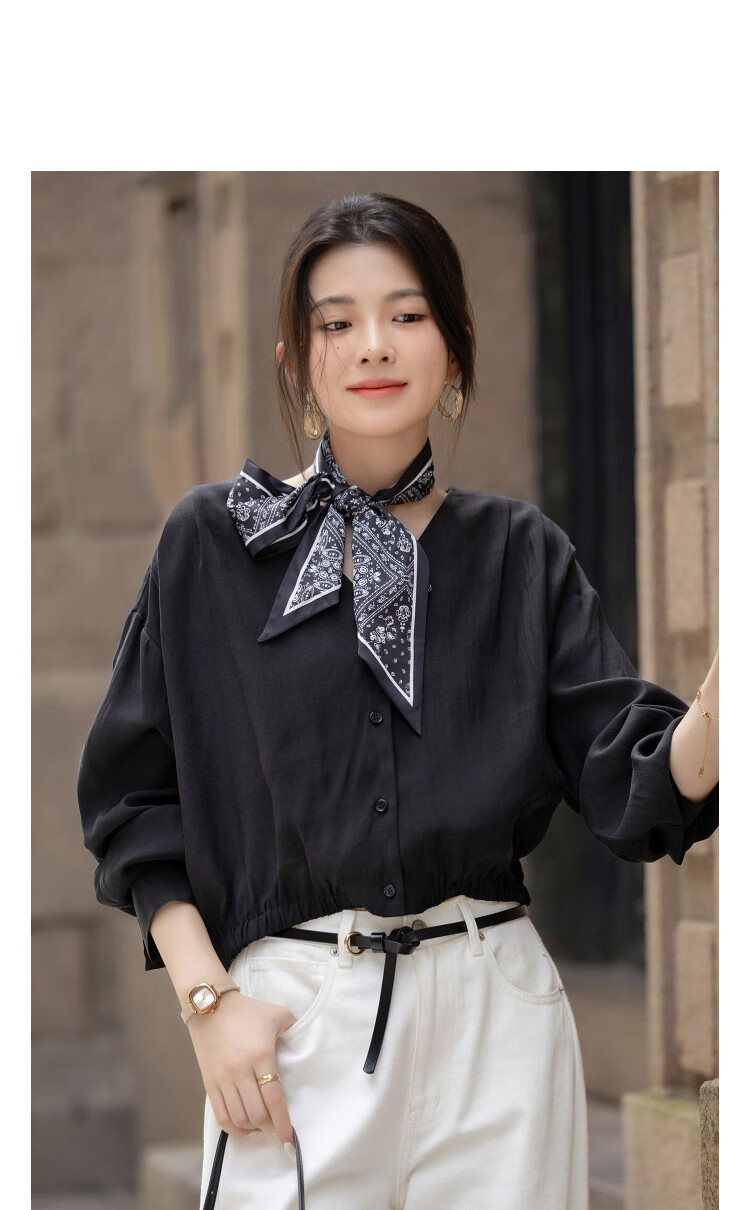 Dme [Breathable Lyocell] Autumn Color-Block Printed V-Neck Shirt with Elastic Hem, Women's Blouse Top 1