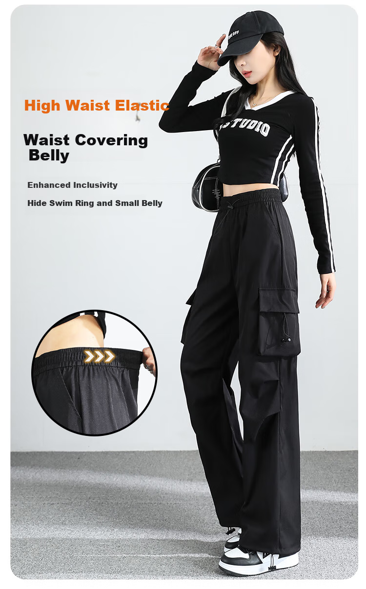 FitonTon Parachute Cargo Pants for Women, Summer Ice Silk Thin High-Waist Wide-Leg Trousers, Slimming Straight-Leg Drawstring Quick-Dry Pants Casual Pants 4