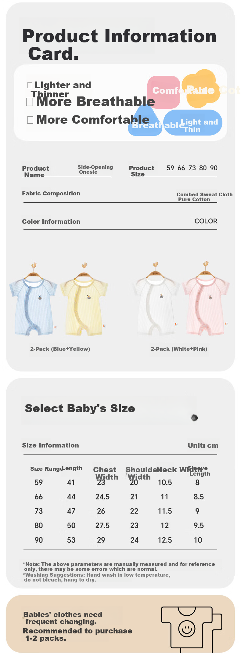 Babyprints Newborn Onesie 2-Pack, Infant Short-Sleeve Summer Clothes, Pure Cotton Thin Romper, Home Crawling Suit, White And Pink, Size 59 2