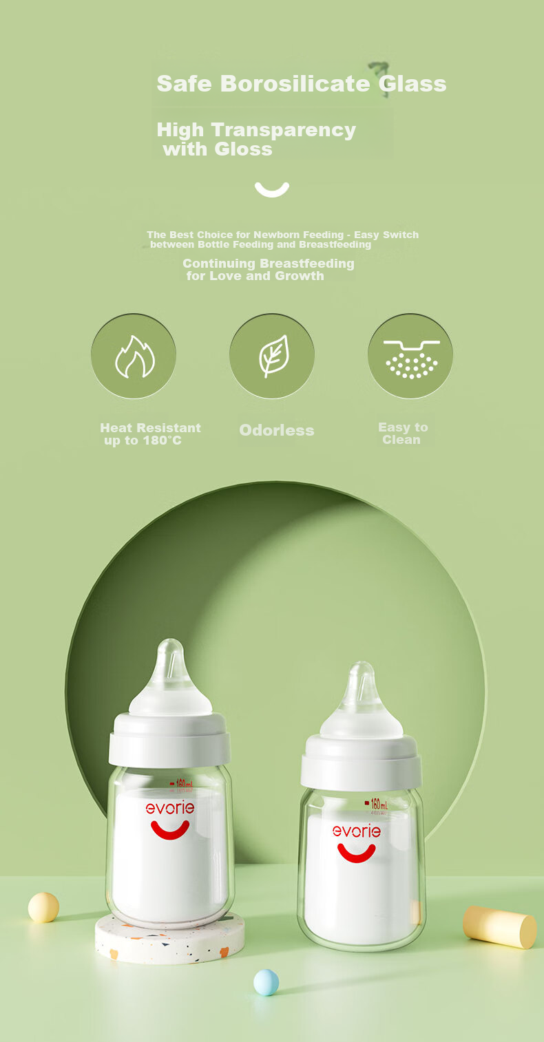 Evorie Newborn Baby Glass Bottle Set, Wide-Neck Baby Bottles (0-12 Months) 2