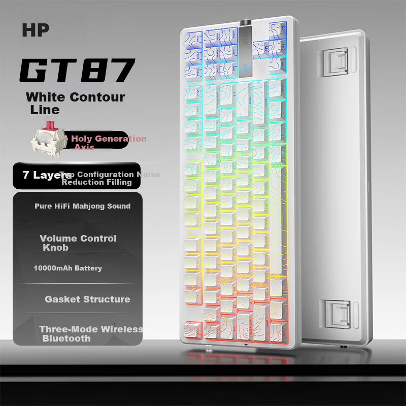 HP GT87 Customizable Wireless Tri-Mode Bluetooth Gaming And E-Sports Dedicated Computer for Office Use, White Equal Height Line Saintday Switch
