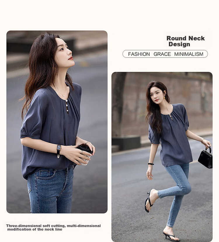 Dme [Selected Lyocell], Summer Pearl Decorated Round Neck Drip Button Shirt, Flowing Short-Sleeve Blouse, Women's Top 5