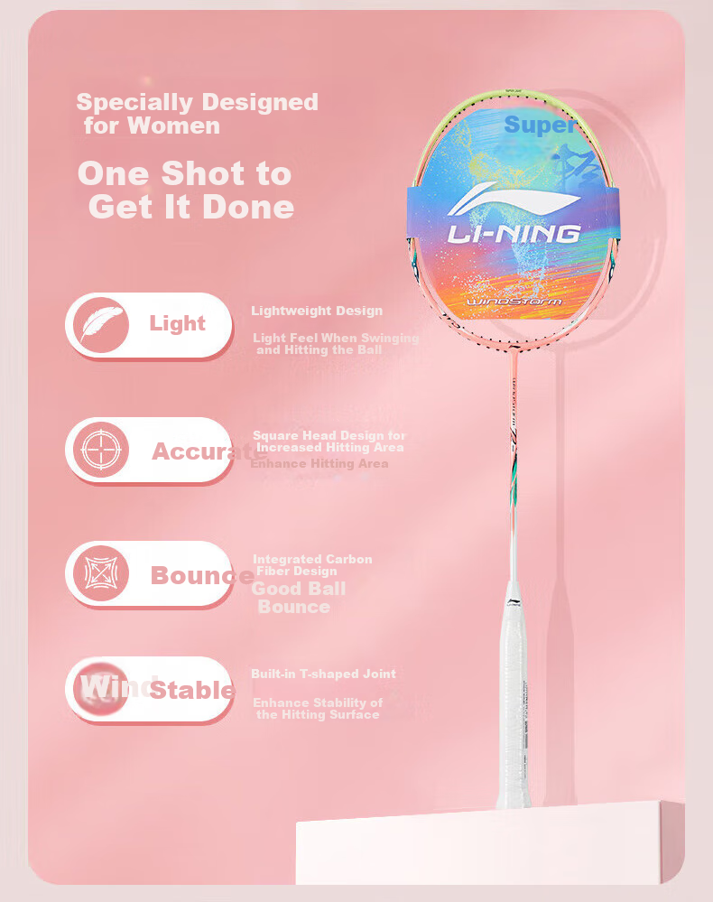 Li-Ning Badminton Racket WS72 Fluorescent Pink Ultra-Light 6U Full Carbon Single Racket Pre-Strung AYPT427-6 2