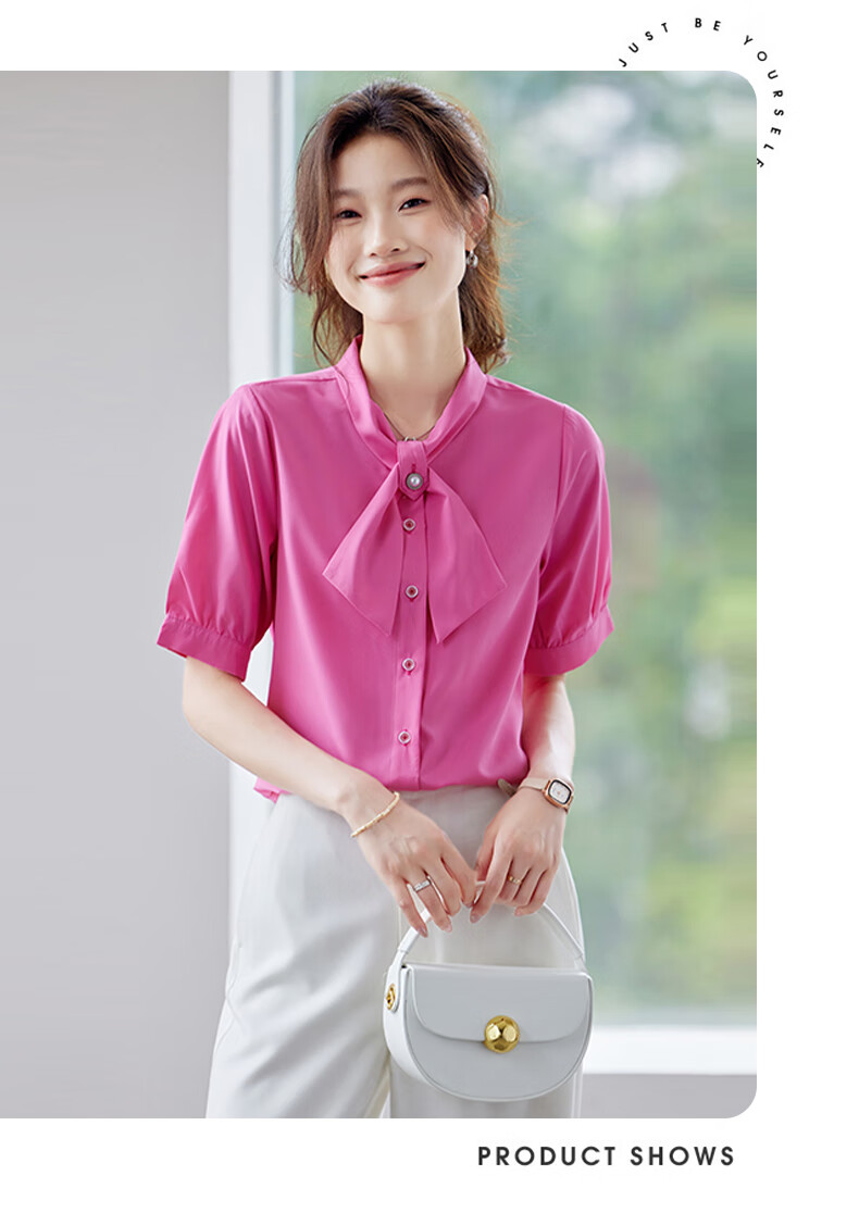 JEANSWEST Women's Summer Short Sleeve Shirt Elegant Versatile Fashion Bowknot Solid Color Formal Top White M 5