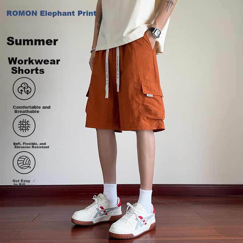ROMON Men's Shorts, Summer Lightweight Loose Straight-Leg Five-Point Pants, Casual Versatile Breathable Trousers for Men, Orange, Size L