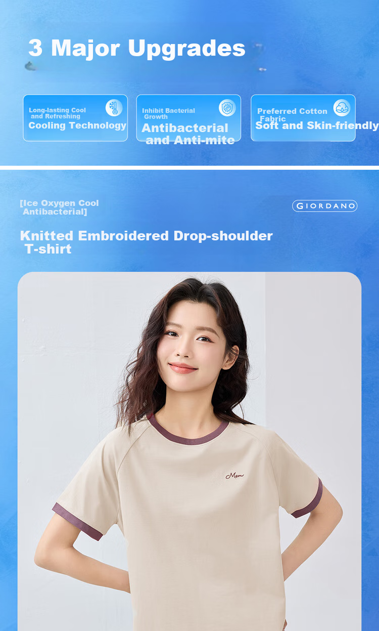 Giordano Comfortable Antibacterial T-Shirt for Women with High-Tech Cooling Embroidery Contrasting Color Round Neck Top 13325221 3
