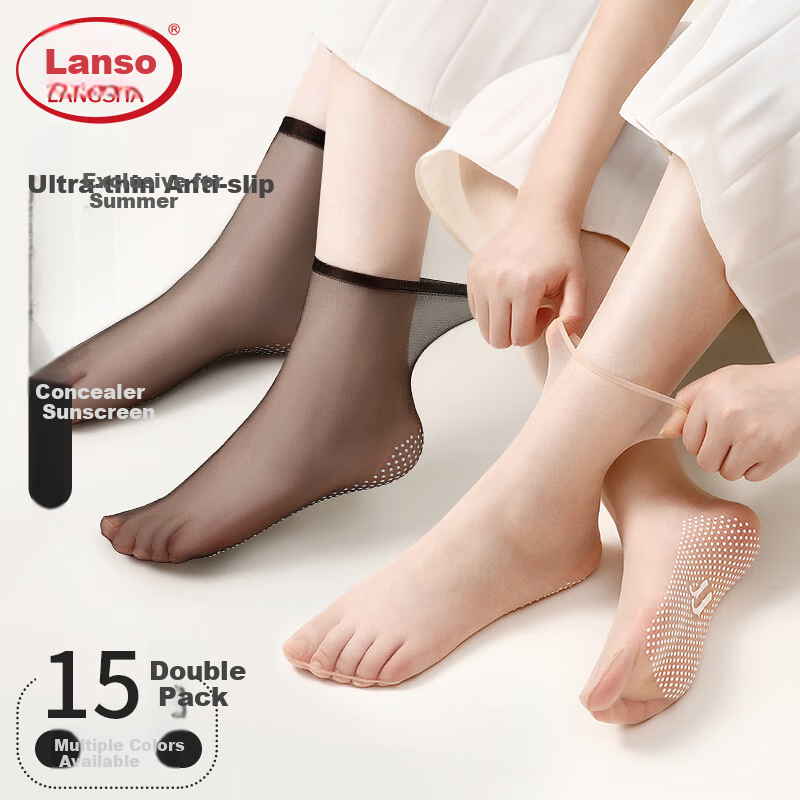 LangSha Silk Stockings for Women, Silicone Non-Slip Summer Thin Trendy Crystal Stockings, Summer Foot-Transparent Short Socks Mid-Calf Socks, Black Size 15