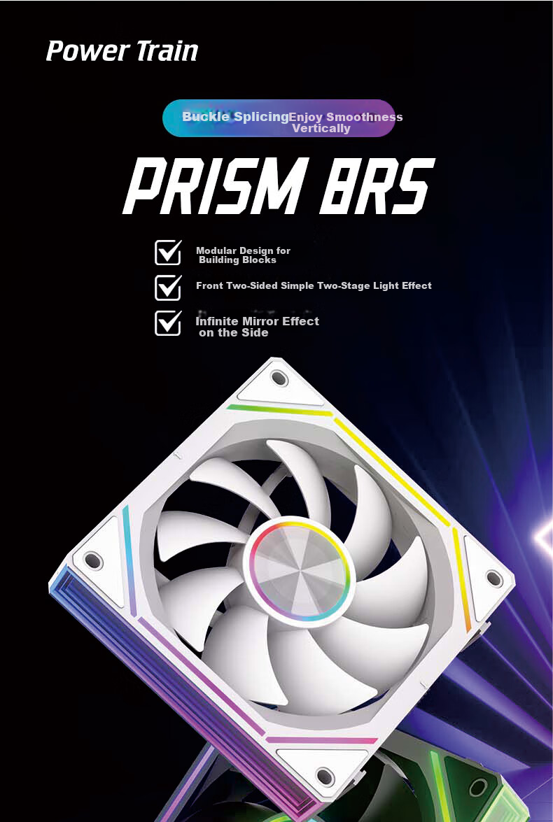 PowerTrain Prism 8RS Building Block Fan, 12CM Light Synchronization ARGB Case, Desktop Computer Cooling Fan, Infinite Mirror Light Effect, Single Pack, Black, Zhengye 1