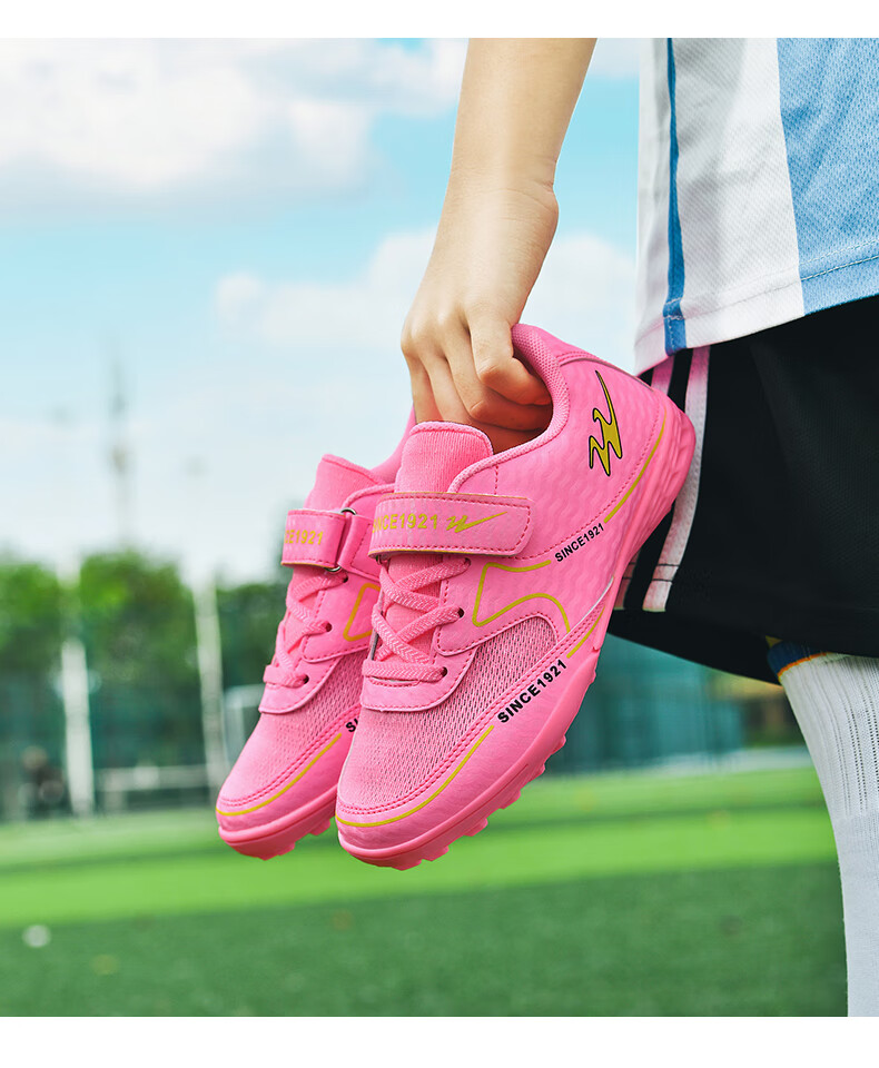 Shuangxing Children's Soccer Shoes TF Turf Studs Velcro Large Kids Student Youth Non-slip Wear-resistant Football Shoes Pink Size 39 12