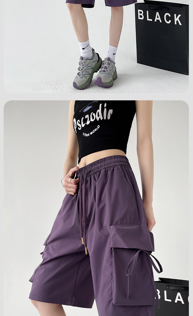 Xueqiman Large Pocket Workwear Shorts Women Summer 2026 New American Style Quick-Dry Ice Silk Cool Straight Sports Knee-Length Pants 15