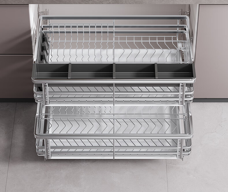 Sijimuge Pull-Out Basket Kitchen Drawer 304 Stainless Steel Double-Layer Dish and Spice Rack Cabinet Basket 7