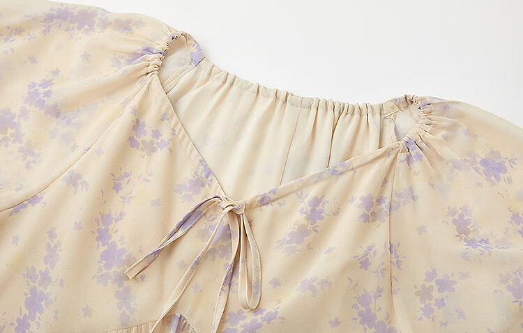 Demana "Human Elegance" Summer Lightweight 75D Chiffon Beaded Floral V-Neck Drawstring Puff Sleeve Women's Dress 5