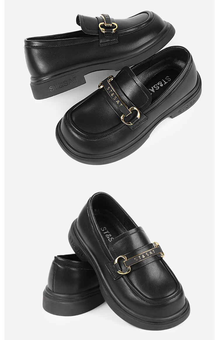 St&Sat Women's Spring Soft-Soled Flats, Girls' Black Leather Shoes, Loafers, Parent-Child Shoes, Slip-On Versatile Style, Black, Size 33 11