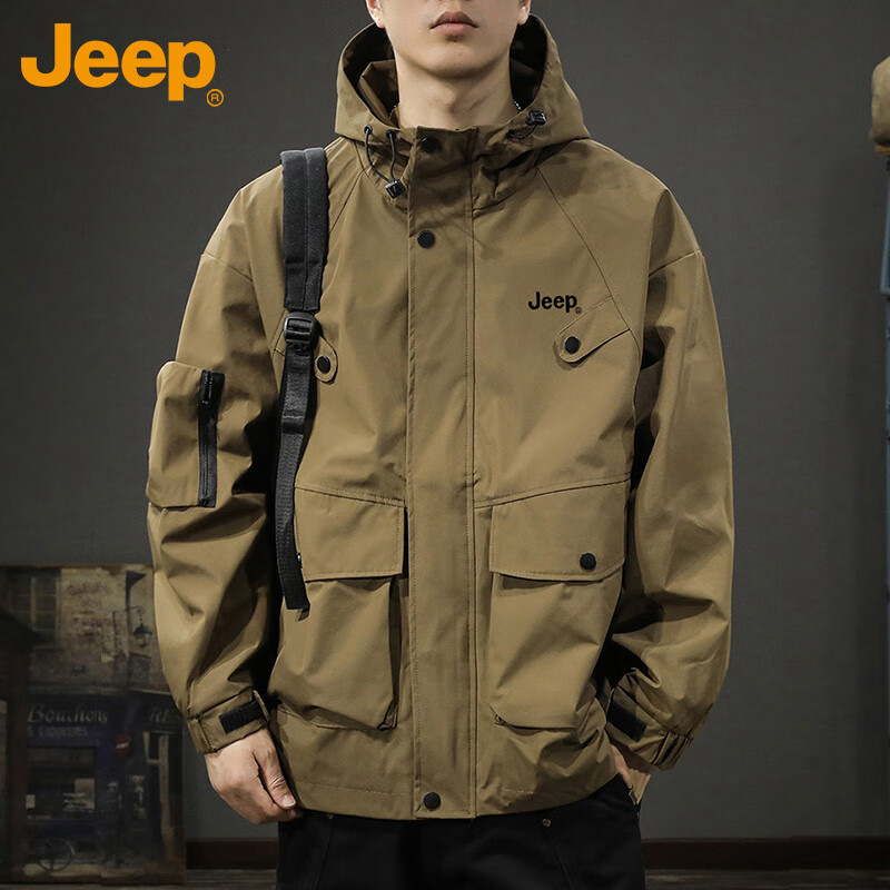 JEEP Men's Jacket Autumn Winter Hooded Workwear Loose Fit Outdoor Casual Coat Brown 3XL