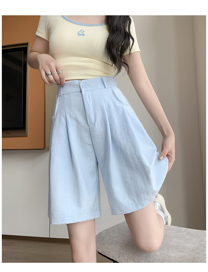 LangSha Milk Puff Suit Shorts for Women, Ice Silk Summer New High-Waist Loose Casual Mid-Length Pants, Relaxed Loose-Fitting Five-Point Shorts 27