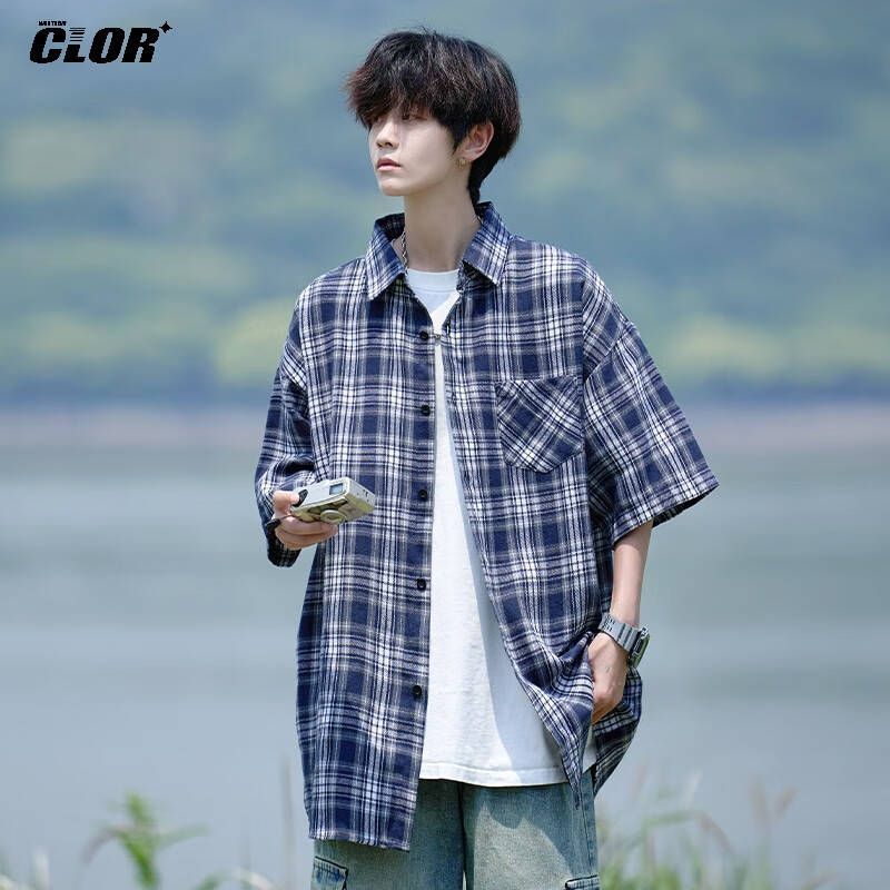 CLOR Men's Plaid Long Sleeve Shirt Spring Autumn Ins Loose Casual Retro Jacket CLCX10 Black 2XL