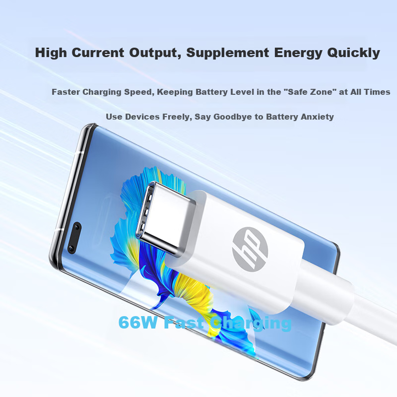 HP USB to Type-C Data Cable Supports Huawei 66W Super Fast Charging Cable for Huawei Honor Xiaomi Android Phones Car Charger Cable Thickened Pure Copper Core 1 Meter