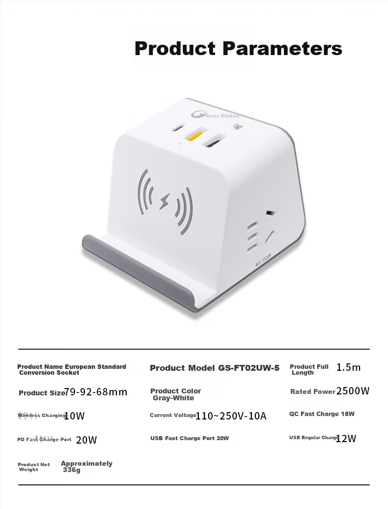 JS JISHUN European Standard to Korean/Japanese/European Standard Adapter, Russian/German Standard TYPE-C+USB Power Strip Socket for Poland, Spain, France, Bali PD20W, Total 1.5 Meters 6