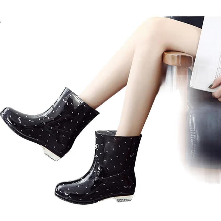 Warrior Rain Boots for Women, Mid-Calf Height, Waterproof, Non-Slip Rubber Shoes, Wear-Resistant Rain Boots HL52S Black And Pink Size 37