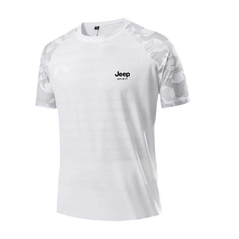 JEEP SPIRIT Men's Short-Sleeve T-Shirt, Summer Quick-Dry Ice Silk Cool-Feeling Striped Tee, Outdoor Loose-Fit Solid Color Sports Top, White, 5XL