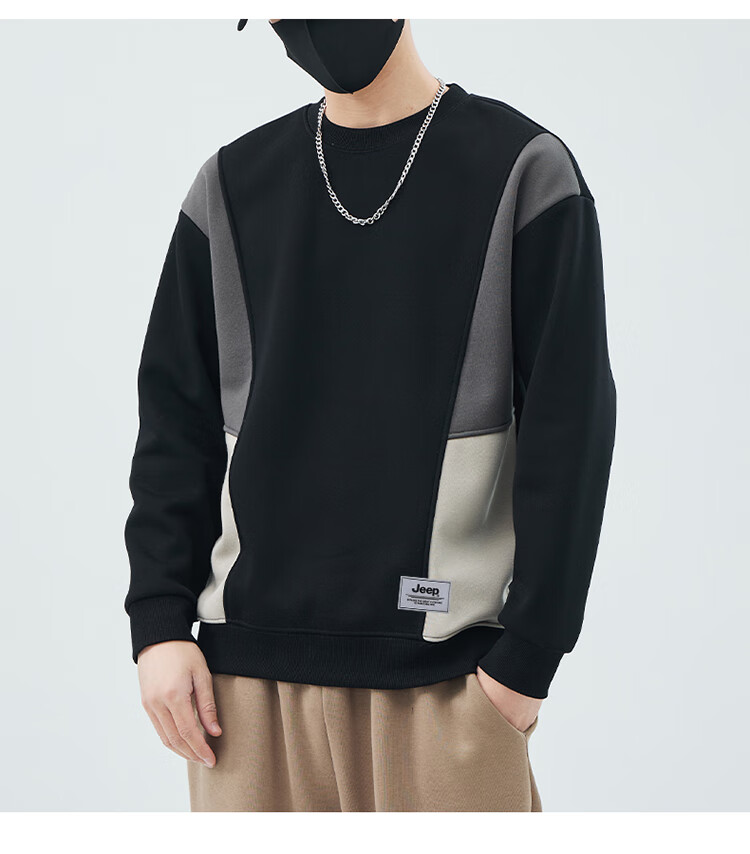 JEEP Men's Sweatshirt, Color Block Design, Heavyweight, Spring And Autumn Long-Sleeve T-Shirt, Loose-Fitting Trendy Base Layer Top, Men's Clothing, Black, 2XL 8