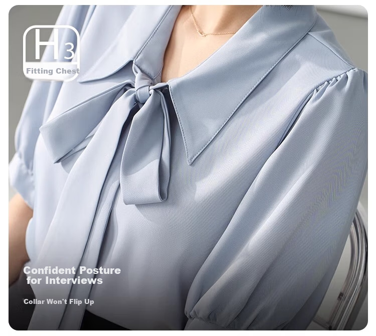 Bodexiaojie Blue Short-Sleeve Shirt for Women, Urban Daily Commute Outfit, Petite Chiffon Blouse, Interview Professional Shirt, Size M 11