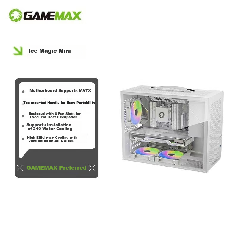 GAMEMAX Ice Cube Mini Desktop Computer Case, Supports MATX with Handle And Mesh Ventilation, Mini Chassis / Pure White