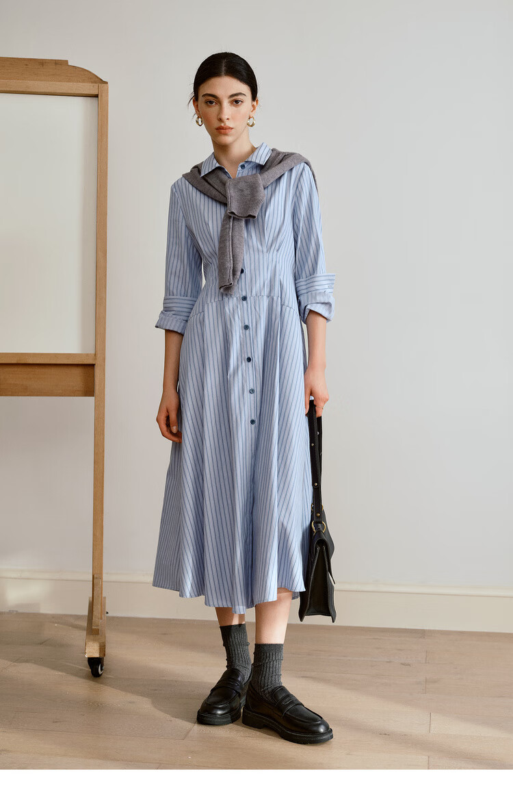 Oulain Autumn Women's Wear, Commuter Blue Striped Waist-Cinching Shirt Dress, Slimming Long Skirt, Blue Stripes, Size S 11