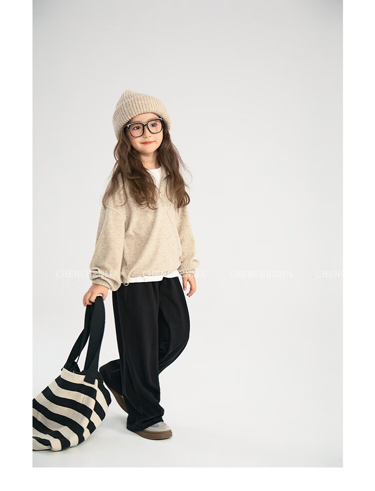 Chenchenma Girls' Semi-Turtleneck Zip-Up Sweatshirt, 2026 Autumn New Style, Loose-Fitting Hem with Drawstring, Trendy Parent-Child Top 3