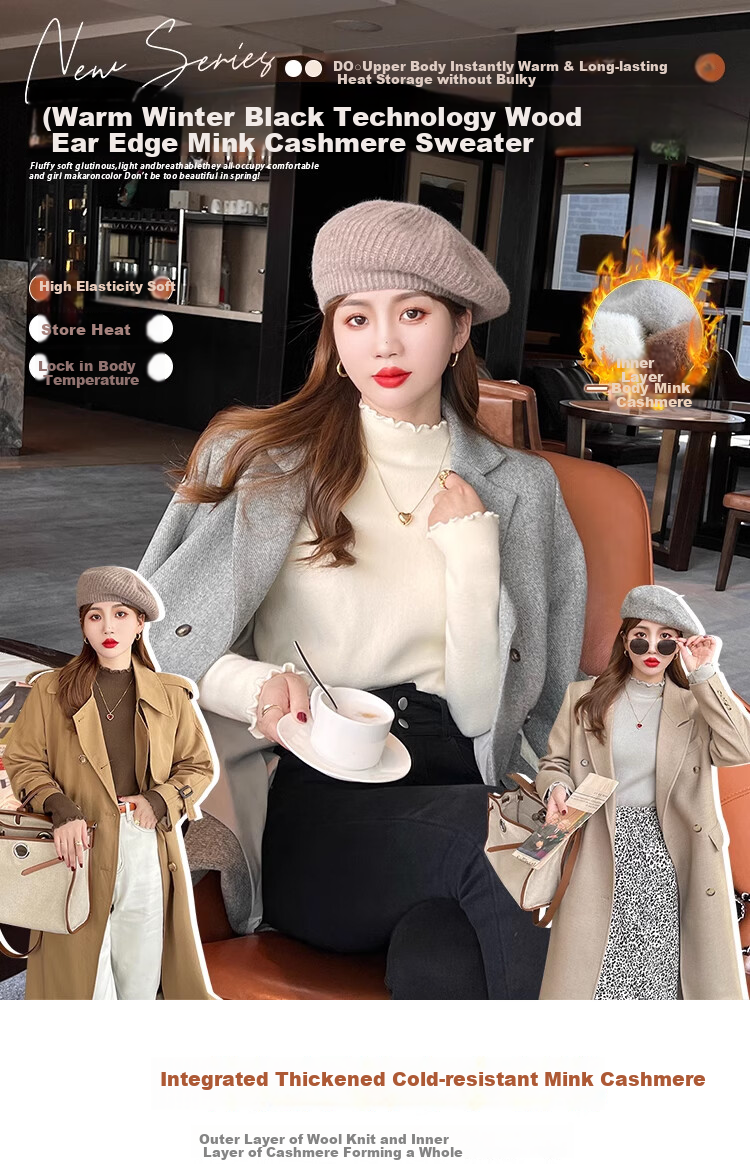 XUEXIMAN Women's Base Layer Sweater, Autumn And Winter Ruffle Trim Knit Top, Versatile High-Elasticity Slimming Pullover for Outer Wear 1