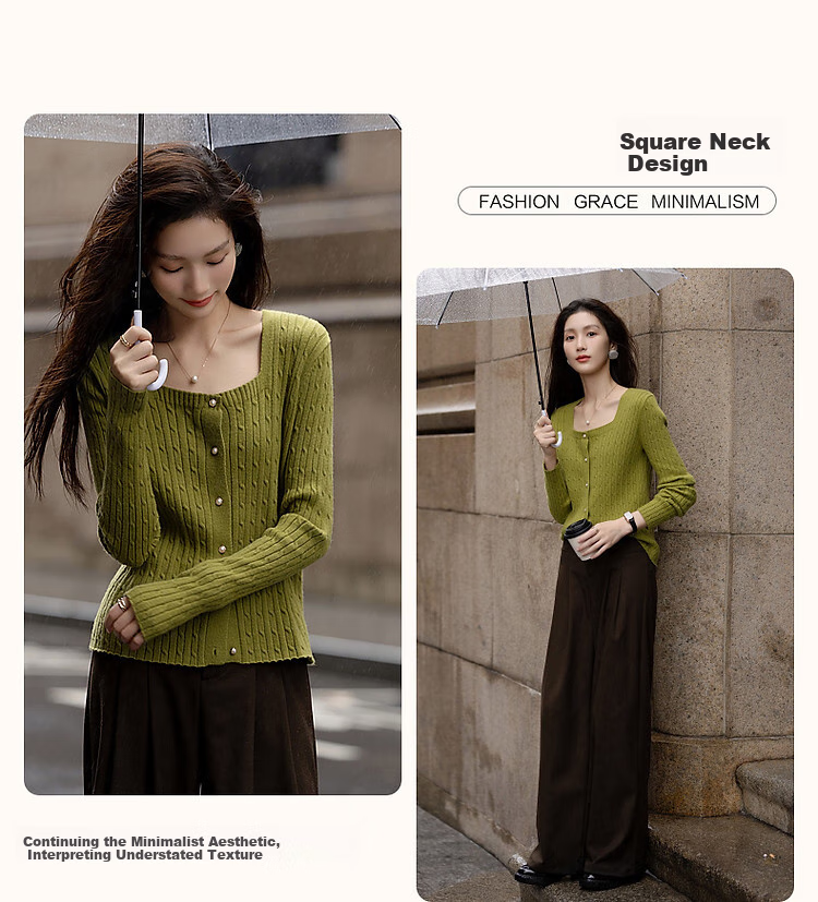 Dme (Xuainitianxin) Spring And Autumn French Square Collar Sweater, Simple Style Long-Sleeve Cardigan, Soft Elastic Knit Sweater, Women's Top 5