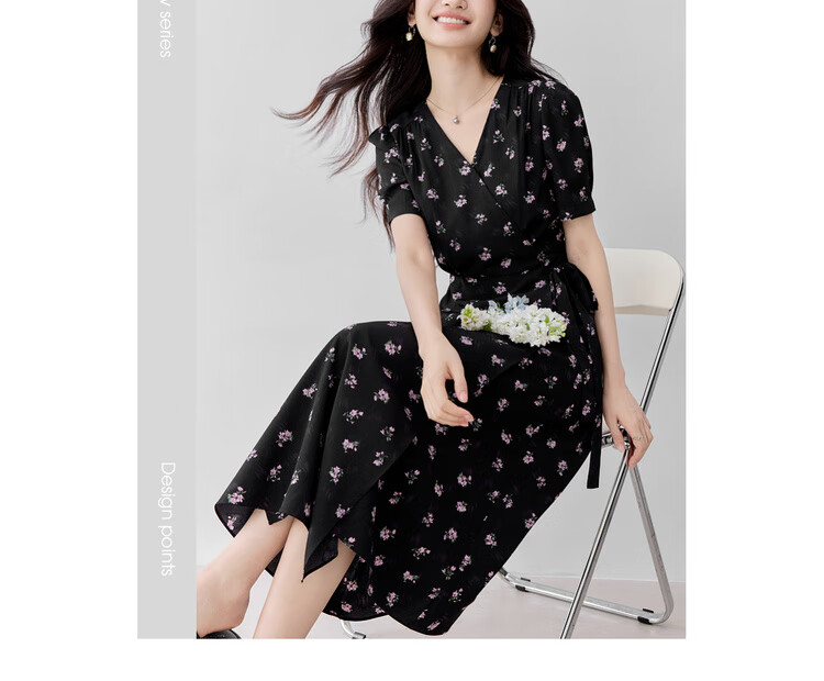 Shangdu Bila V-Neck Short Sleeve Printed Dress Women Summer Waist Slimming Tea Break Floral Elegant Commuter Mid-Length Dress 3