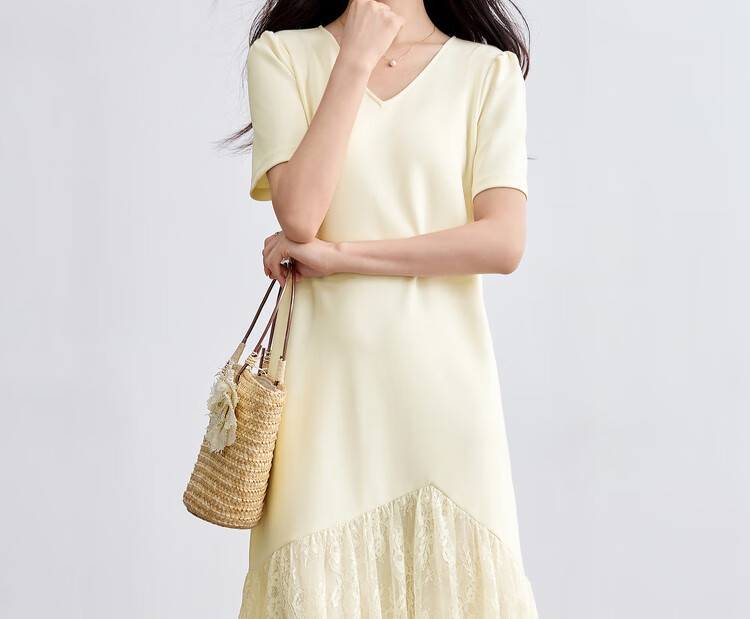 Sentubila V-Neck Patchwork Curved Hem Sequin Embroidered Short Sleeve Dress for Women Summer Elegant Mid-Length Dress 19