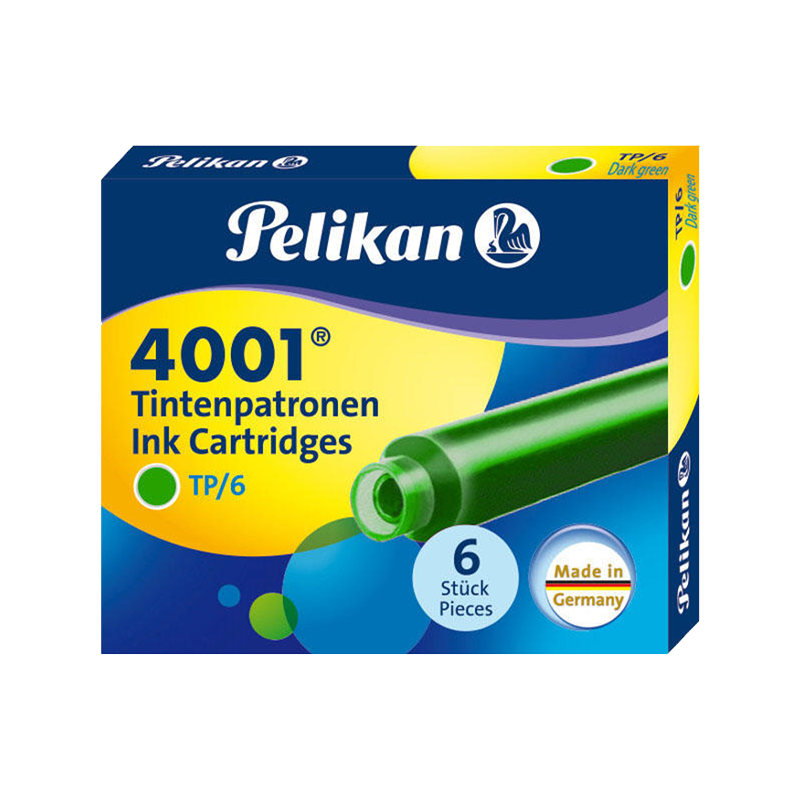 Pelikan 4001 Short Ink Cartridges Non-Carbon Green 6-Pack Student Pen Ink Cartridges