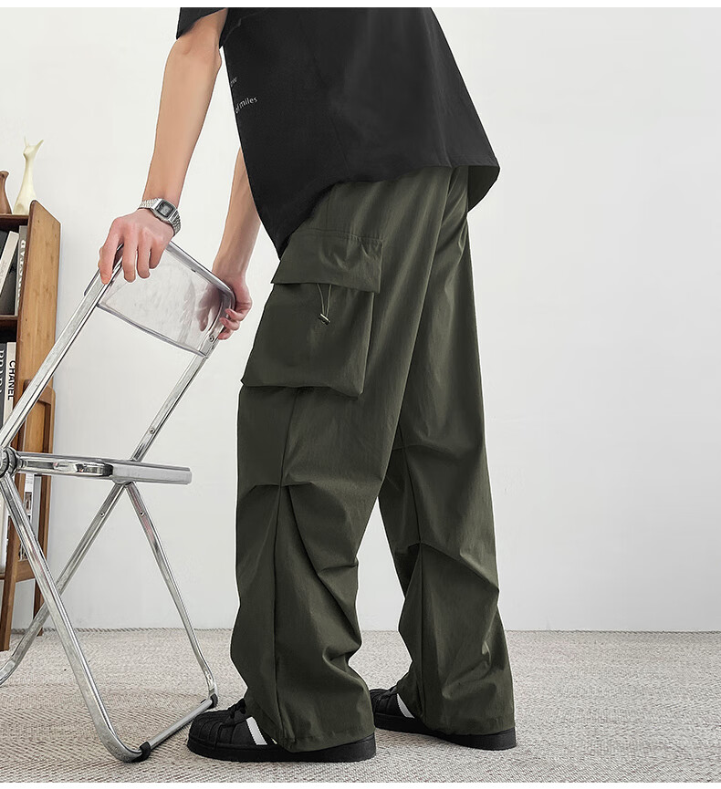 Homlean American-Style Wide-Leg Cargo Pants for Men, Summer Straight Loose Paratrooper Functional Tactical Casual Trousers KMX06 Black L 18