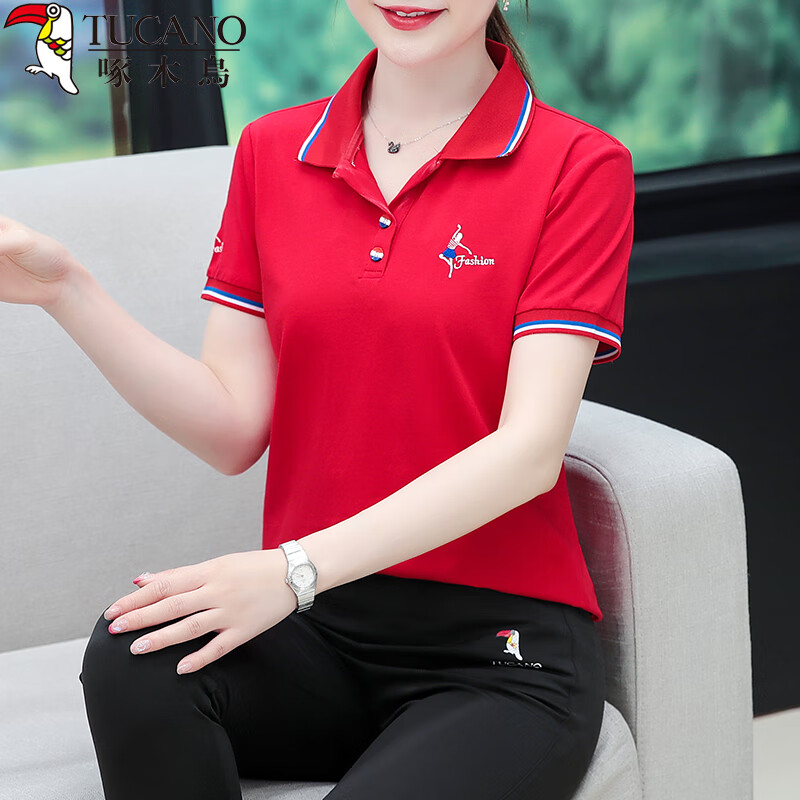 Woodpecker Women's Pure Cotton Short Sleeve T-Shirt Summer Printed Slim Fit Shoulder Polo Shirt Red XL