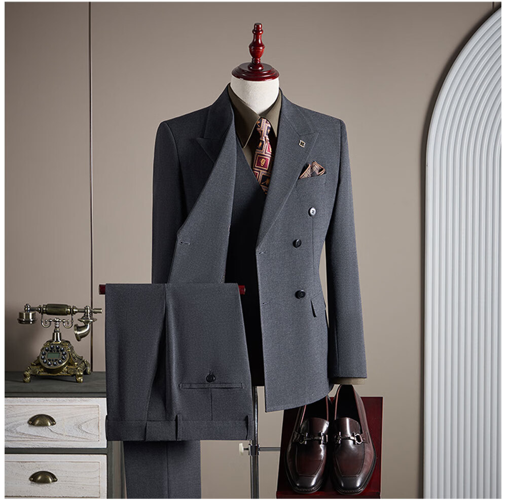 ROMON Men's Business Suit Set Blazer + Vest + Trousers Double-Breasted Casual Navy Blue 3XL 1