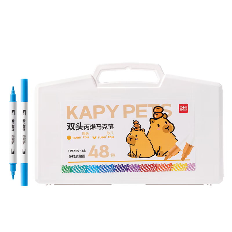 Deli 48-Color Children's Student PP Boxed Thick And Thin Double-Ended Round Barrel Acrylic Markers, Watercolor Pens, Birthday Gift, Waterproof Hand-Drawing Guka Fluorescent Marker, Tree Graffiti Graduatio