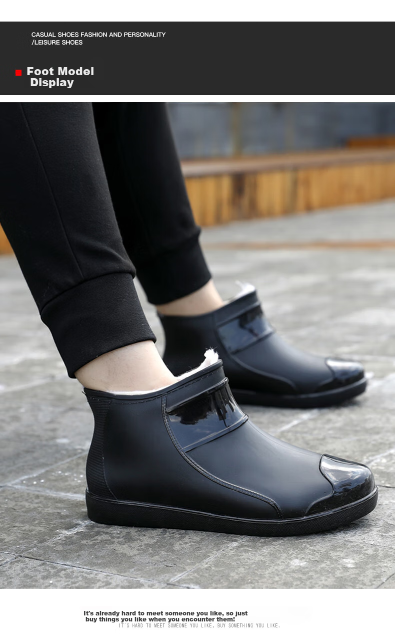 FOOTOPPO Fashionable Short Warm Rain Boots for Men, Winter Fleece-Lined Rain Boots, Men's Rain-Proof Overshoes, Thickened Non-Slip Water Shoes, Waterproof Shoes 8