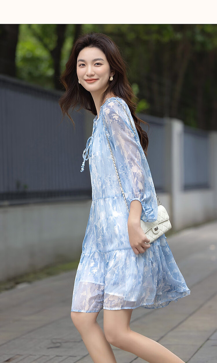 Demana Elegant Lightweight French Style Printed Tie-Waist Loose A-Line Petite Women's Summer Dress 7